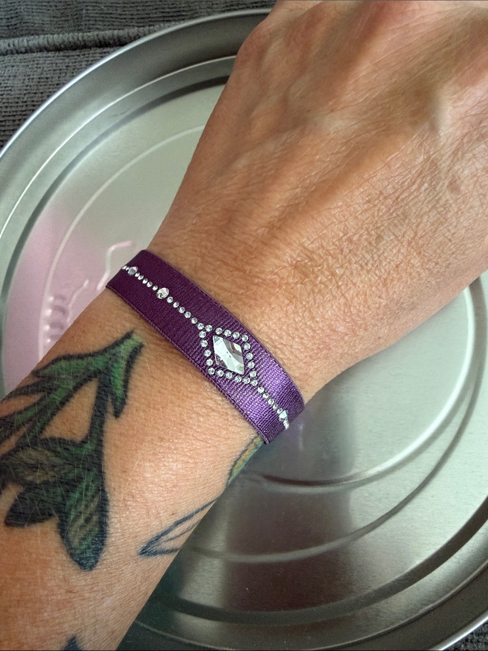 Purple Ribbon and Crystal Accent Bracelet Made in France